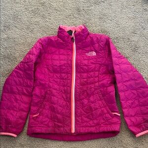 The North Face Pink Raincoat with Puffer Style and Stand-Up Collar